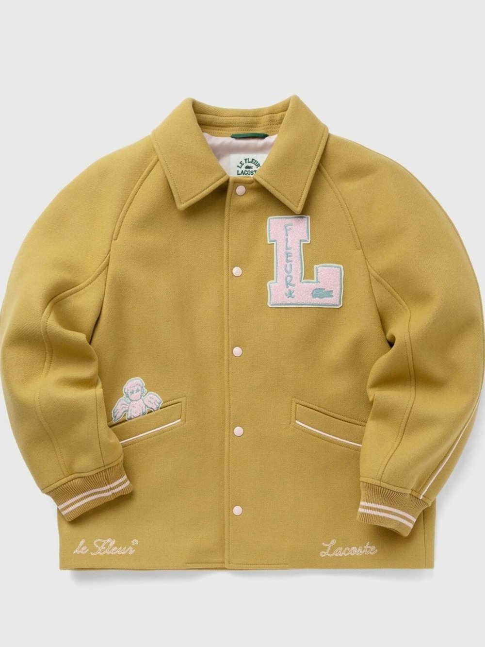 Lacoste x le FLEUR* Logo Tyler The Creator mustard pink wool varsity jacket